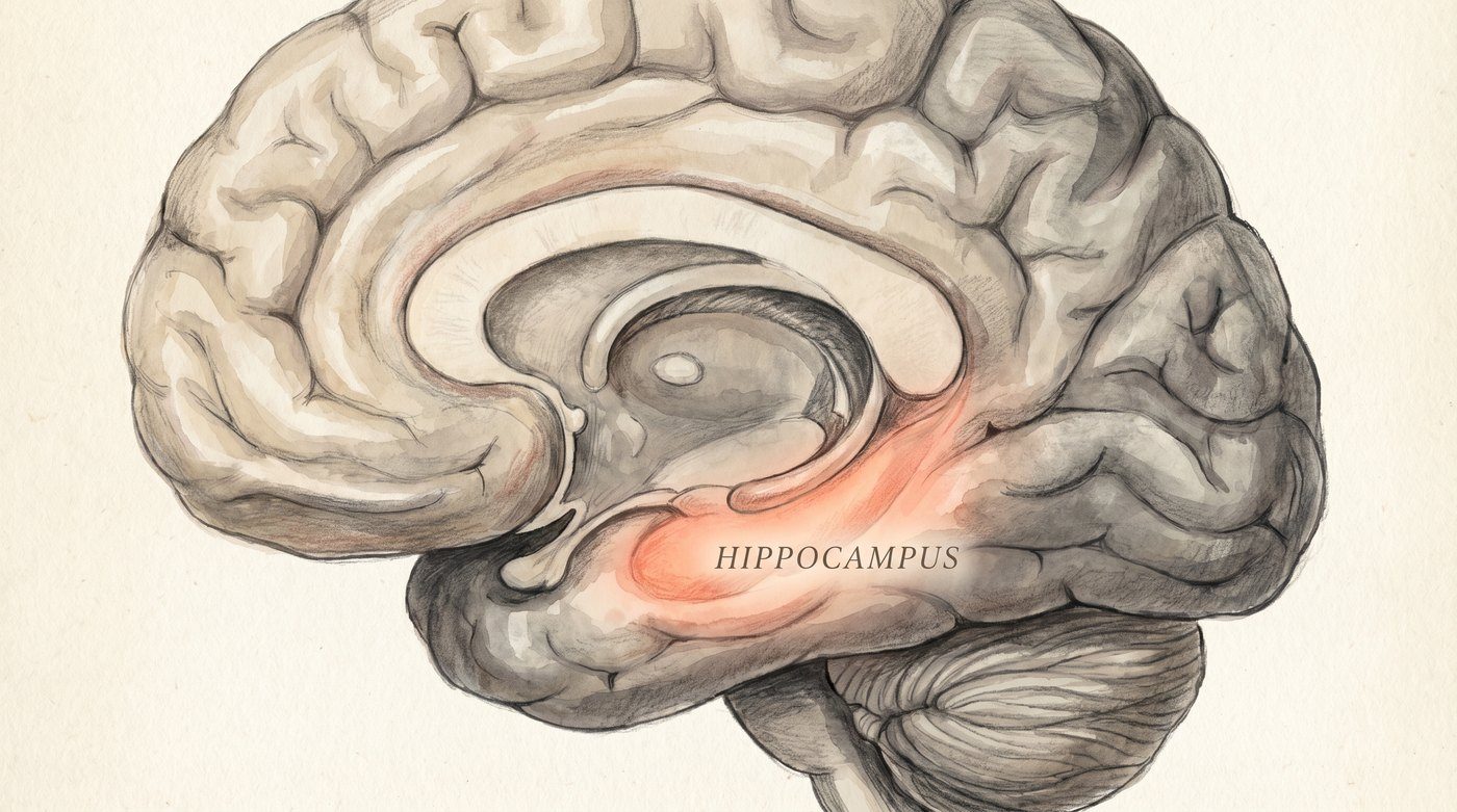 Illustrated brain with highlighted hippocampus